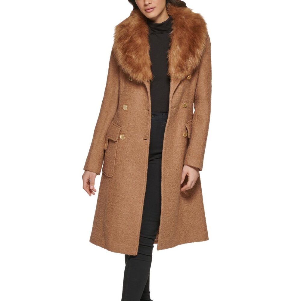 Guess Removable Faux Fur Collar Wool Blend Double Breasted Walker Coat